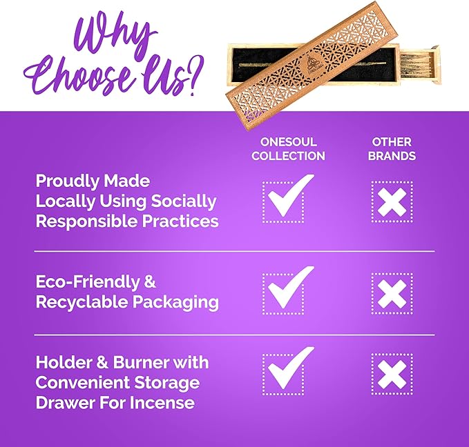 Bamboo Ash Catcher & Incense Burner Holder, Wooden Incense Holder for Incense Sticks with Storage Drawer, OneSoul Collection