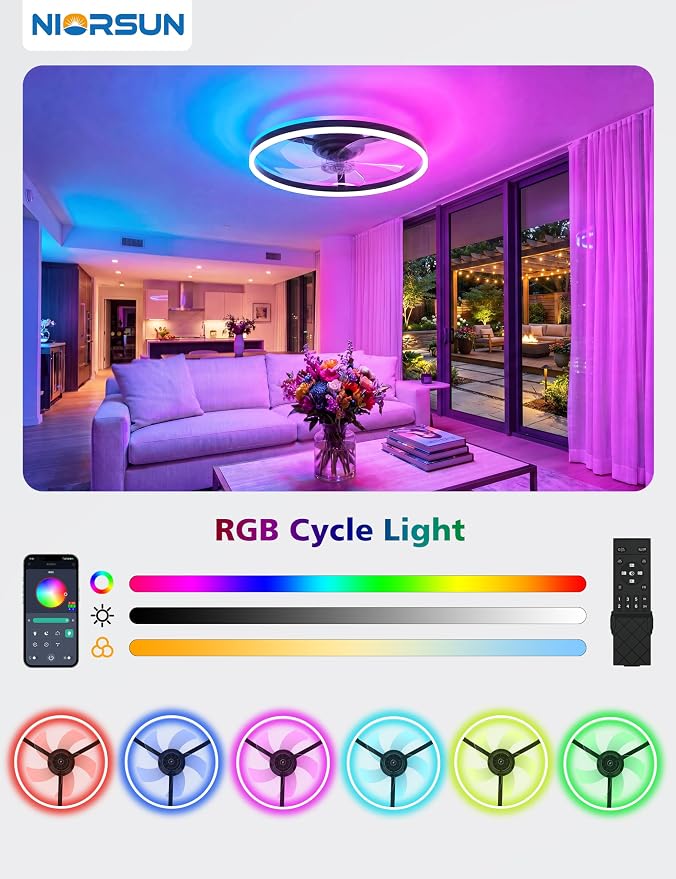 NIORSUN RGB Ceiling Fans with Lights and Remote, Modern Smart LED Ceiling Fans Light, 6 Speeds & 3000K-6500K Dimmable, Quiet Bladeless Fandelier Ceiling Fan with Light for Bedroom (20Inch,Black)