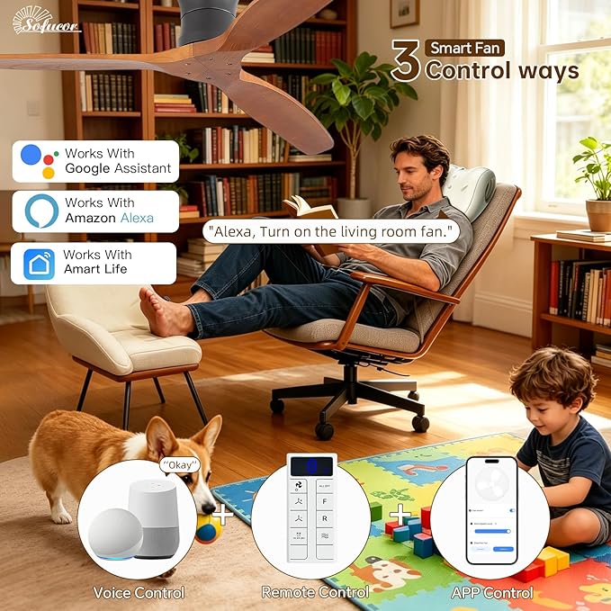 Sofucor 52" Smart Ceiling Fan No Light, Solid Wood Low Profile Ceiling Fan with Remote, Flush Mount Ceiling Fan Works with Alexa/Google/App 6-Speed Timing Reversible DC Motor for Living Room Bedroom