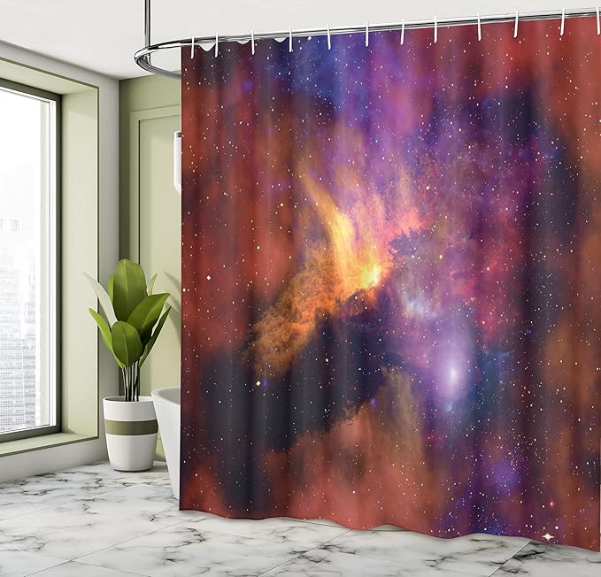 Ambesonne Outer Space Shower Curtain, Space Stars and Nebula Gas and Dust Cloud Celestial Solar Galaxy System, Cloth Fabric Bathroom Decor Set with Hooks, 69" W x 84" L, Purple Red Orange