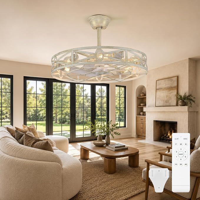 Depuley Caged Ceiling Fans with Light: 24-Inch Cement Enclosed Farmhouse Fandelier for Kitchen Bedroom - Industrial Semi Flush Mount Ceiling Fan with Remote 6 Speeds Reversible Motor Timer