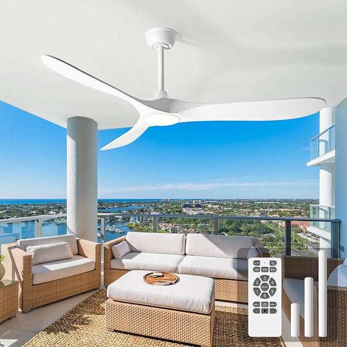 60 Inch Ceiling Fans with Lights and Remote, Wood Outdoor Ceiling Fan with 6 Speed Noiseless DC Motor, Indoor Modern 3 Blade Propeller Ceiling Fan for Bedroom Living Room Gazebo Patio (White)
