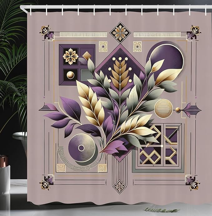 Ambesonne Botany Shower Curtain, Leafy Branches with Mid Century Geometric Shapes Retro and Modern Aura, Cloth Fabric Bathroom Decor Set with Hooks, 69" W x 84" L, Mauve Taupe and Eggplant