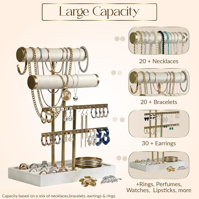 Jewelry Tower Stand Organizer for Women - Soft Touch Velvet Elegant Jewelry Holder Display with Necklace Holder, Earring Organizer & Bracelet Rack - Tabletop Stand for Dresser, Vanity, Desk - White