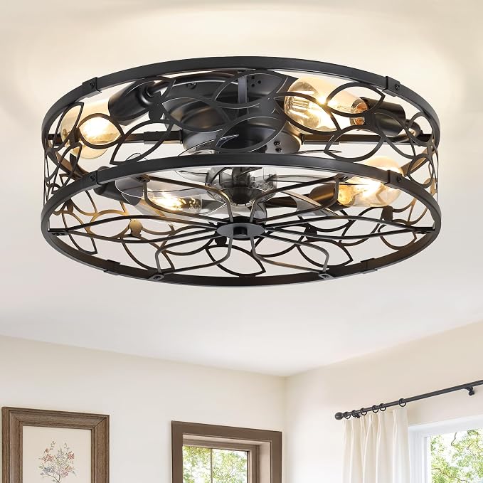 LEDIARY 20 Inch Caged Ceiling Fans with Lights, Black Flush Mount Ceiling Fan with Remote, Low Profile Bladeless Ceiling Fan Light Fixture for Bedroom, Kitchen, Dining Room