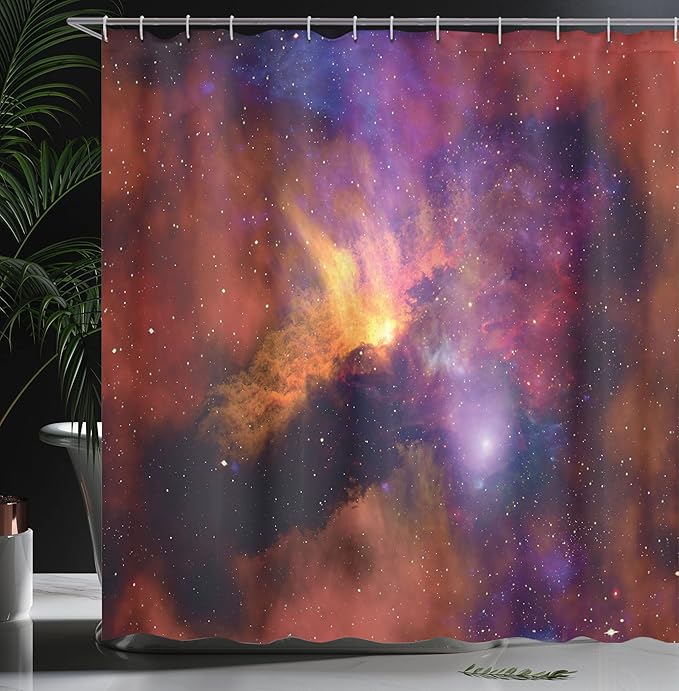 Ambesonne Outer Space Shower Curtain, Space Stars and Nebula Gas and Dust Cloud Celestial Solar Galaxy System, Cloth Fabric Bathroom Decor Set with Hooks, 69" W x 84" L, Purple Red Orange