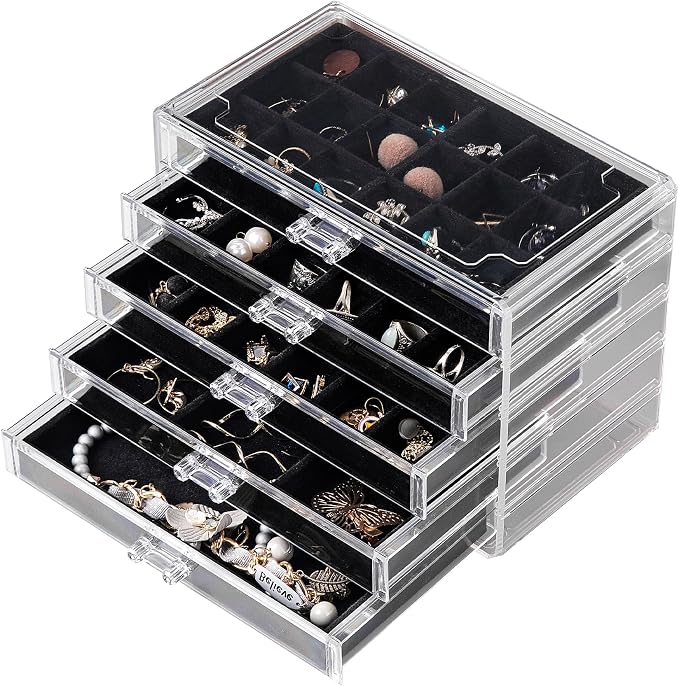 Frebeauty Acrylic Jewelry Organizer Earring Organizer Box with 5 Drawers Earring Holder Organizer with Velvet Trays Clear Jewelry Box for Women Earring Display for Rings Studs(Black) | 61 Jewelry Storage Grid for Rings Studs Bracelet,Velvet Lining,Tran...