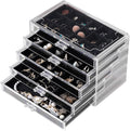 Frebeauty Acrylic Jewelry Organizer Earring Organizer Box with 5 Drawers Earring Holder Organizer with Velvet Trays Clear Jewelry Box for Women Earring Display for Rings Studs(Black) | 61 Jewelry Storage Grid for Rings Studs Bracelet,Velvet Lining,Tran...