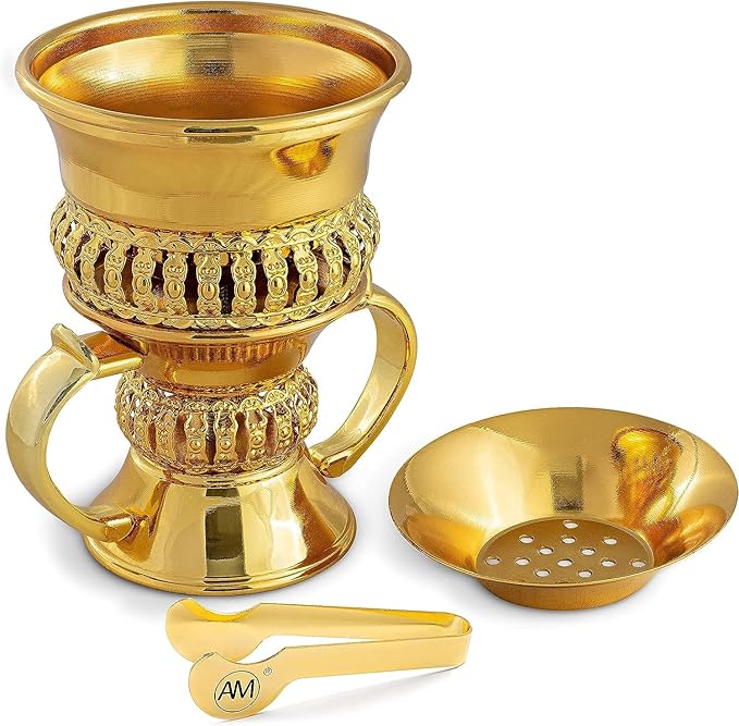 AM Regal Metal Incense Burner - Bakhoor Burner Mubkhara – Frankincense Resin Burner - Ideal for Yoga, Spa & Aromatherapy (Gold)