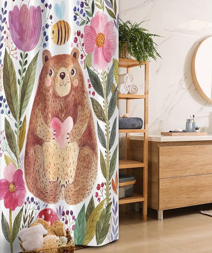 Ambesonne Watercolor Flower Stall Shower Curtain, Bear Flowers and Bee Animal Nature Modern Illustration, Fabric Bathroom Decor Set with Hooks, 36" W x 72" L, Reseda Green Plum Soft Pink