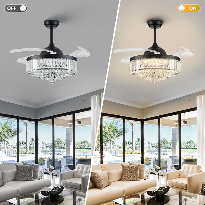 FIDGRA 42'' Fandelier Ceiling Fan with Light, Retractable Chandelier Fan, 3 Color Temperature, 6 Wind Speed, Crystal Ceiling Fan for Bedroom Living Room Dining Room-Black