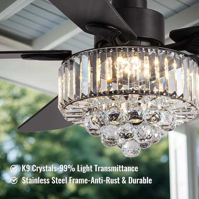Crystal Fandelier Ceiling Fan with Light,Chandelier Ceiling Fan with Remote and APP Control,Quiet Light for Bedroom, 3 Color Temperature, 52 Inch vintage ceiling fan With 6 Speeds