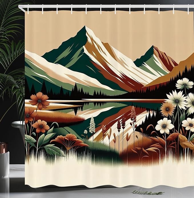 Ambesonne Lake Shower Curtain, Peaceful Art of Meadow Scene with Darkened Woodland and Snowy Mountains, Cloth Fabric Bathroom Decor Set with Hooks, 69" W x 70" L, Hunter Green Pale Redwood