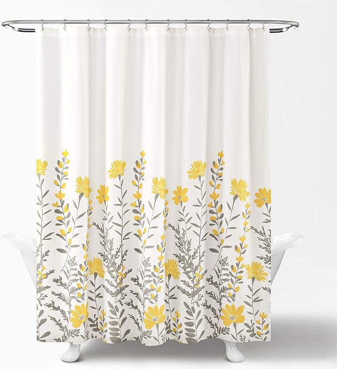 Lush Decor Aprile Floral Shower Curtain Single 72" W x 72" L, Yellow & Gray - Floral Shower Curtains - Bathroom Décor - Cottage Shower Curtain