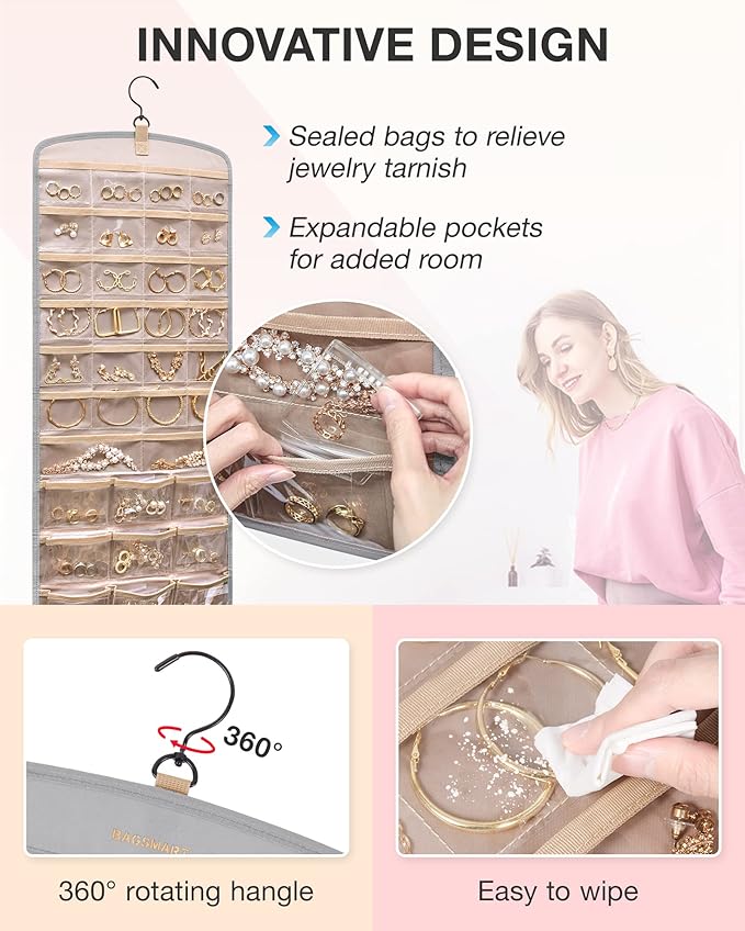 BAGSMART Hanging Jewelry Organizer, Necklace Holder Anti-tangle with 20 Jewelry Storage,1 Piece, Large Grey