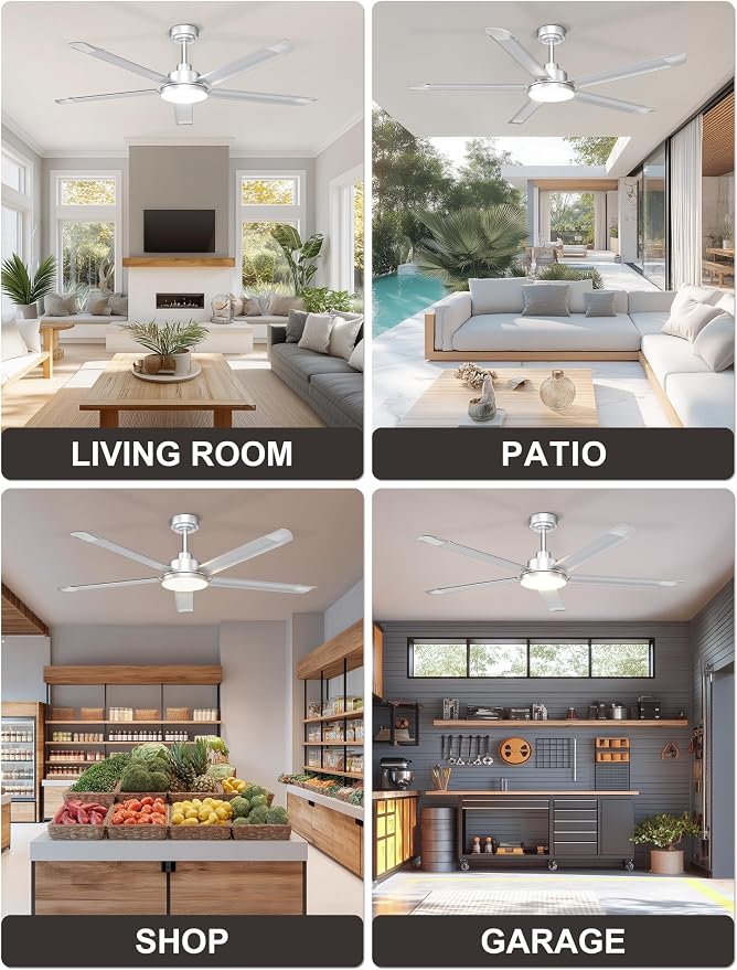 Ohniyou 60'' Industrial Ceiling Fan with Light for Patio, Porch, Silver | 6800 CFM Airflow, 35dB DC Motor, 5 Aluminum Blades, 3CCT Dimming, Remote/APP Control, Covered Outdoor Metal Fan