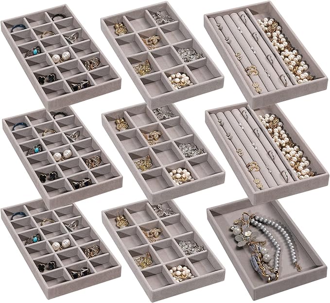 Frebeauty Jewelry Trays for Drawer,Set of 9 Jewelry Organizer and Storage | Velvet Material,Earring Holder Organizer,Stackable Jewelry Display for Vanity,Drawer Inserts for Rings,Studs,8.3×4.9 inch