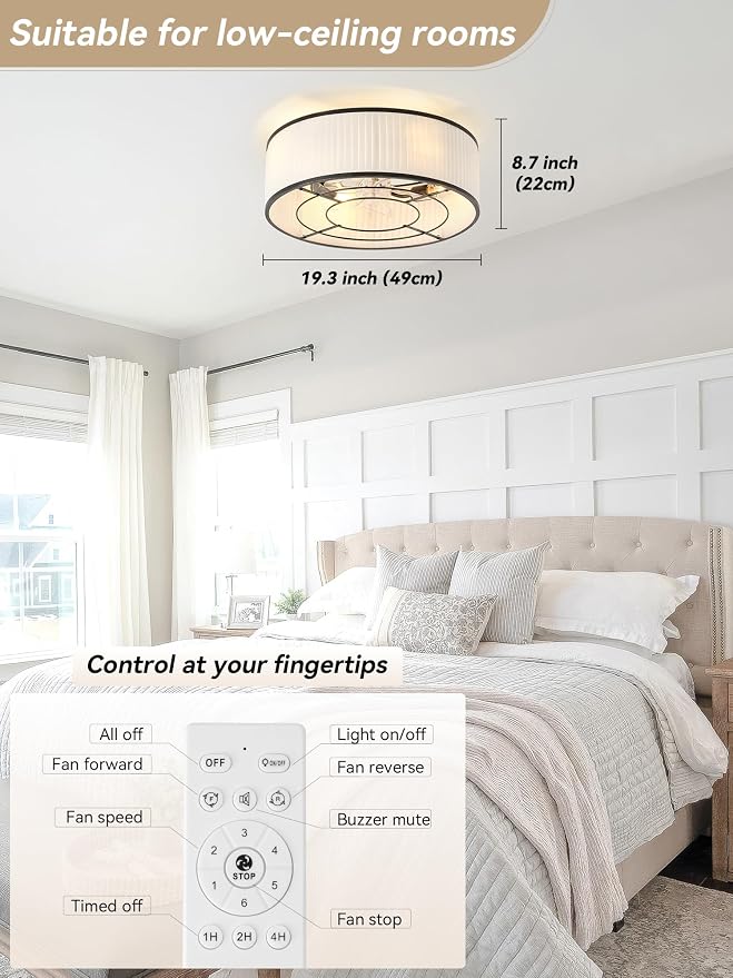 Boho Ceiling Fan with Light Flush Mount, 20" Black Caged Ceiling Fan with Lights Remote Control, Bladeless Ceiling Fan 6 Speeds for Bedroom, Living Room, Nursery