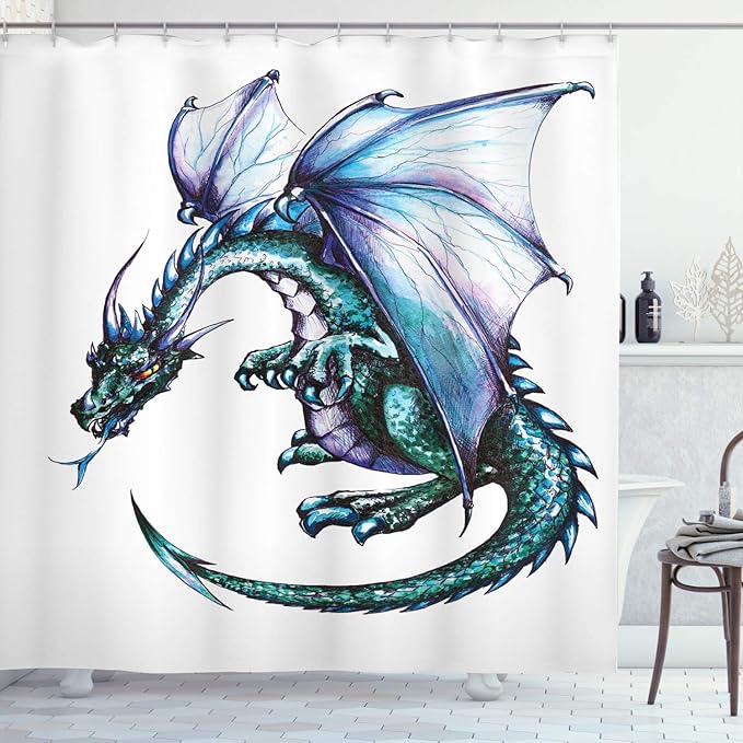 Ambesonne Dragon Shower Curtain, Epic Beast Dragon Created with Vibrant Gradient Colored Graphic Devil Image, Cloth Fabric Bathroom Decor Set with Hooks, 69" W x 75" L, Purple Teal