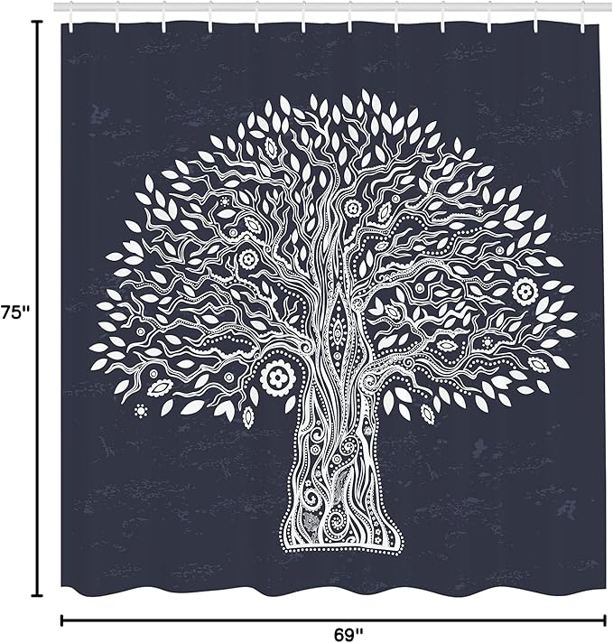 Ambesonne Tree of Life Shower Curtain, Doodle Tree Illustration Oriental Harmonious Design Mother Nature, Cloth Fabric Bathroom Decor Set with Hooks, 69" W x 75" L, Grey White