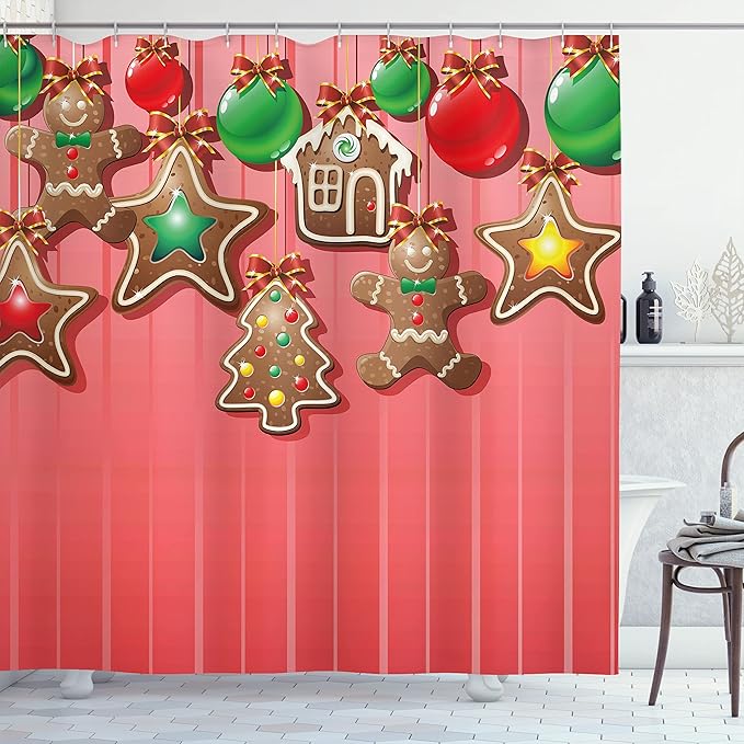 Ambesonne Gingerbread Man Shower Curtain, Christmas Cookies and Baubles Bowties Symbolic Pastry Design, Cloth Fabric Bathroom Decor Set with Hooks, 69" W x 70" L, Pale Ruby
