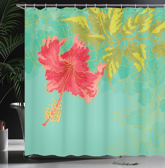 Ambesonne Watercolor Flower Shower Curtain, Colorful Drawing of Hubiscus Flower Pastel Tones Spring Rural Floral, Cloth Fabric Bathroom Decor Set with Hooks, 69" W x 70" L, Green Teal