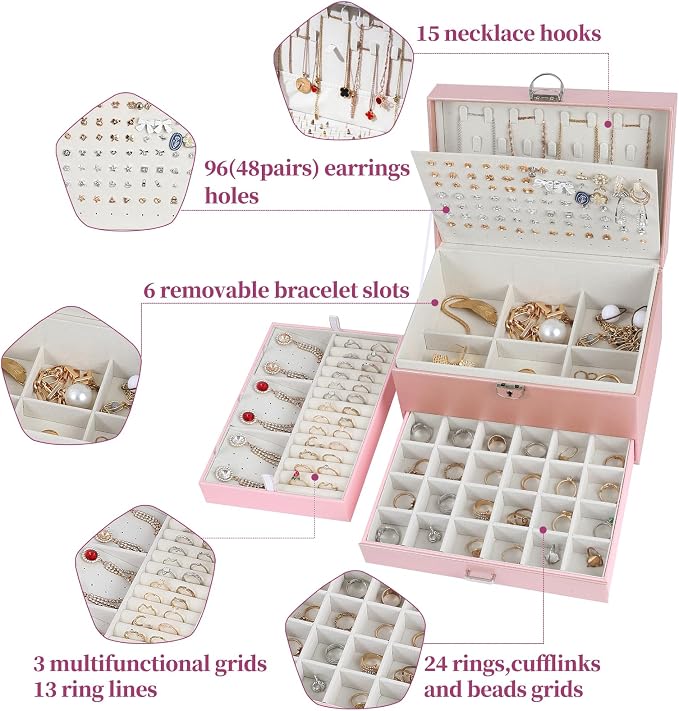 BOOVO Large Jewelry Boxes For Women (rose gold) | 5 Layers Jewelry Organizer Box With Cosmetic Storage Drawer, Necklace Ring Jewelry Organizer Box