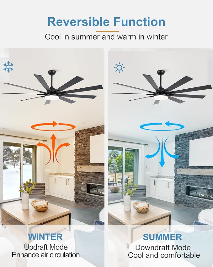 POCHFAN 72 Inch Ceiling Fans with Lights,Large Modern Ceiling fan with Remote and 9 Wooden Blades,Dimmable,6 Speeds,Noiseless Reversible Indoor&Outdoor Fan for Bedroom,Patio,Living Room