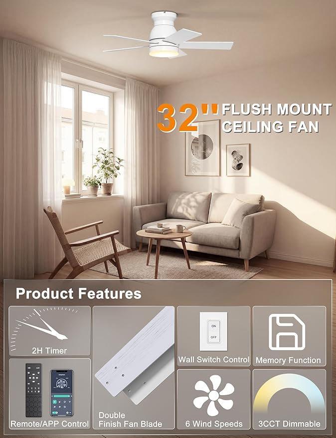 Ohniyou Ceiling Fans with Lights, 32 Inch Low Profile Ceiling Fan with Light and Remote/APP Control, Flush Mount, Dimmable, Quiet DC Motor, White Small Indoor Ceiling Fan for Bedroom, Kitchen
