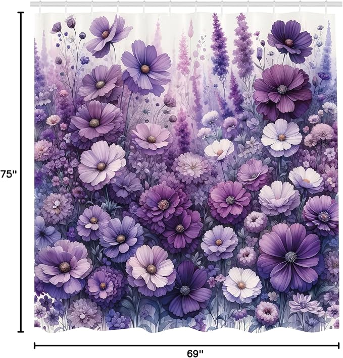 Ambesonne Purple Shower Curtain, Picturesque Cottagecore Style Flowers Meadow Monochromatic Pastel Tones, Cloth Fabric Bathroom Decor Set with Hooks, 69" W x 75" L, Lilac Lavender Quartz