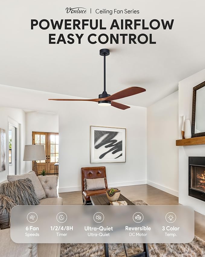 VONLUCE Wood Ceiling Fan with Lights, 60 Inch Ceiling Fan and Remote, 6 Speed Reversible Noiseless DC Motor, 3CCT, Solid Wood Outdoor Ceiling Fan for Patios Farmhouse, Walnut