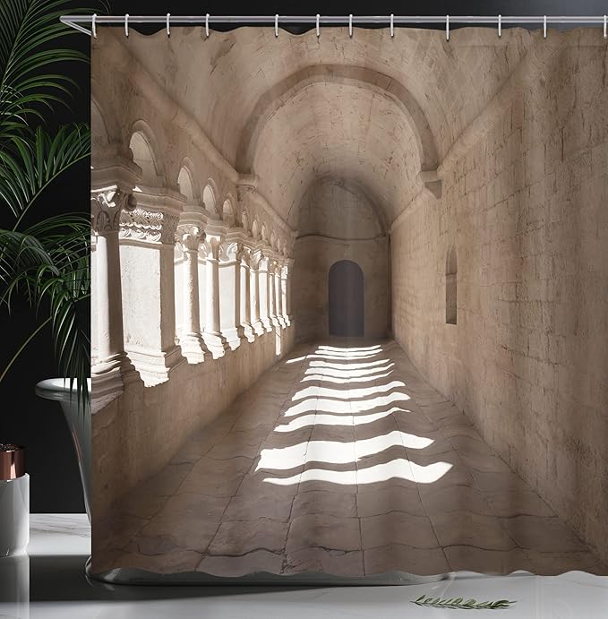Ambesonne Medieval Shower Curtain, France Provence Senanque Abbey and Corridor of Antique Archaic Ruins Landmark Classic Style of a, Cloth Fabric Bathroom Decor Set with Hooks, 69" W x 70" L, Beige