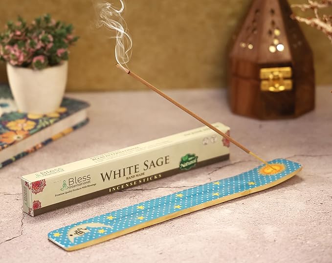 Bless-International Traditional-Handmade-Burner Wooden-Incense-Stick-Holder Ash-Catcher-Stand for-Aromatherapy-Meditation-Yoga (Moon & Stars) 10 Inches, Pack of 1