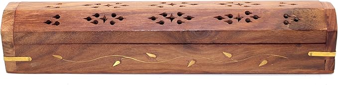 Govinda Wooden Coffin Incense Burner - 12" - Brass Inlays - Storage Compartment - Vines