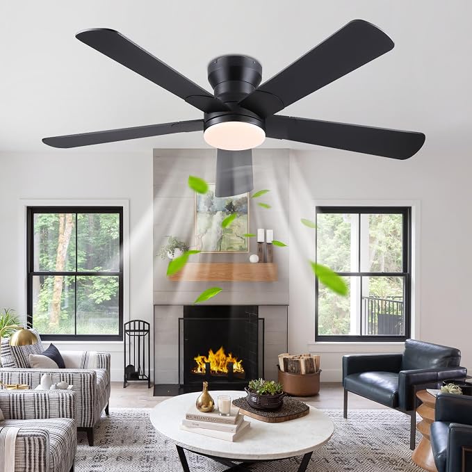 Ayaoty 52" Black Ceiling Fans with Lights- Flush Mount Fan Light with 5 Reversible Blades, 3CCT Dimmable, DC, Low Profile Ceiling Fan for Modern Indoor, Covered Outdoor