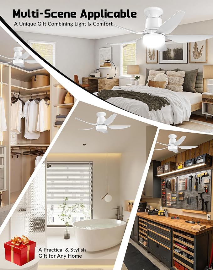 30" Socket Fan Light with Remote, Ceiling Fans with Light, Low Profile Flush Mount Ceiling Fan, 4 Speeds, 3000K-6000K Dimmable LED, Quiet Energy-Saving Motor, E26 Easy Install for Bedroom, Living Room