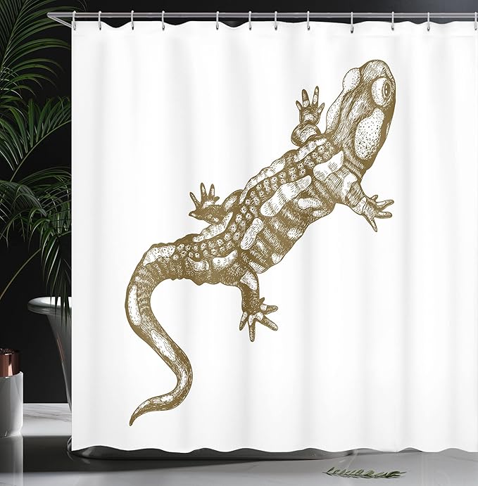 Ambesonne Animal Shower Curtain, Exotic Salamander Lizard Retro Styled Reptile Wilderness Theme Sketchy Illustration, Cloth Fabric Bathroom Decor Set with Hooks, 69" W x 70" L, White Beige