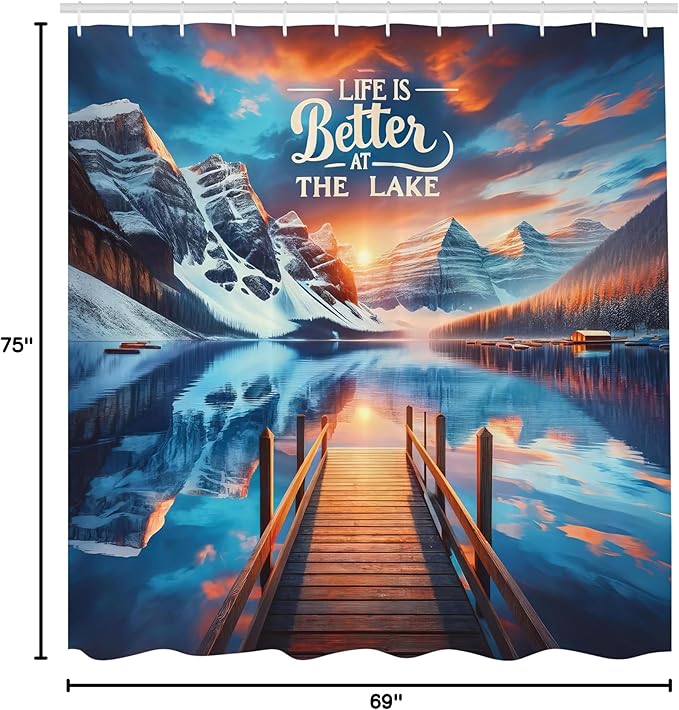 Ambesonne Life is Better at The Lake Shower Curtain, Winter Cabin Scenery Tranquil Mountains Dramatic Clouds, Cloth Fabric Bathroom Decor Set with Hooks, 69" W x 75" L, Orange Azure Blue