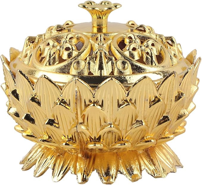 Incense Burners, Vintage Metal Burner Zinc Alloy Lotus Censer with Copper Ash Catcher Lid Feng Shui Home Office Decor for Meditation and Spiritual Relaxation 4.7" Antique Style (Gold)