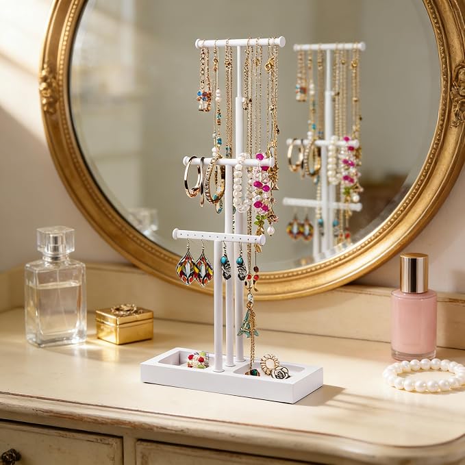 Love-KANKEI 3-Tier Jewelry Organizer Stand Holder,Adjustable Height,White | Metal Rod,Solid Wood Base,Easy to Install,Tree Style,Display Long Necklaces,Bracelets,Earrings,Rings,Watches,Bangles,Gift