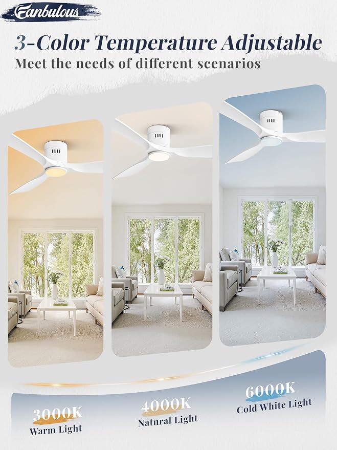 Fanbulous 52" Ceiling Fans with Lights and Remote Control,Modern Flush Mount Ceiling Fan with 3 CCT,Low Profile Ceiling Fans with 6-Speeds Reversible DC Motor for Patio Living Room Bedroom(White)