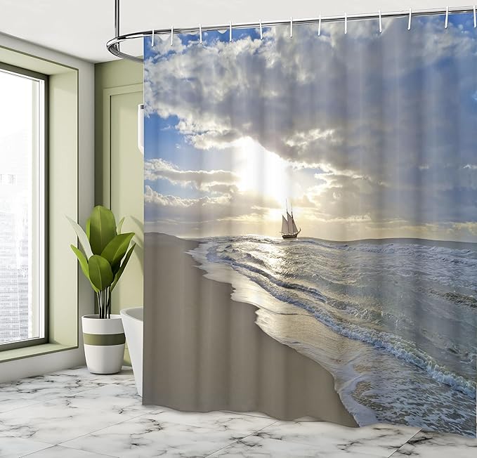 Ambesonne Nautical Shower Curtain, Sailing Ship Close to Sandy Beach in Moody Sunset Paradise Tropical Theme, Cloth Fabric Bathroom Decor Set with Hooks, 69" W x 84" L, Blue Beige White