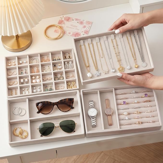 Jewelry Organizer for Drawer, Velvet Jewelry Drawer Organizer Inserts, 4-Layer Beige Stackable Jewelry Trays for Rings Earrings Necklaces Bracelets with Removable Dividers for Dresser Vanity