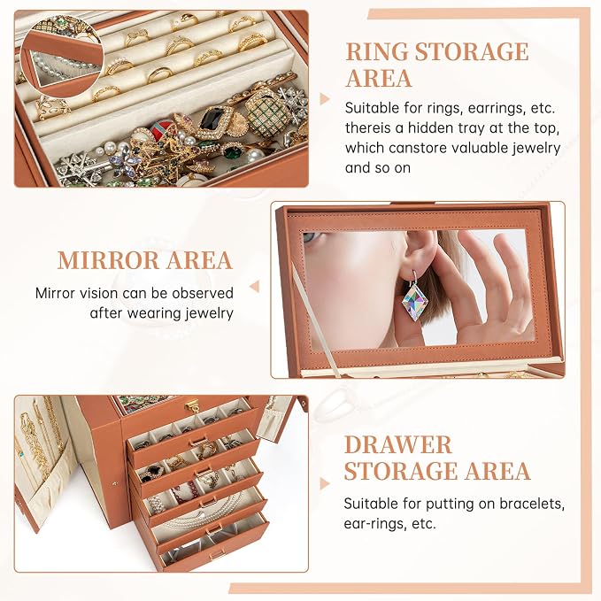 AKOZLIN 6-Tier Jewelry Box Organizer Functional 5 Drawers Leather Jewelry Storage Case for Women Girls Ring Necklace Earring Bracelet Holder Organizer with Mirror Extra Large Orange
