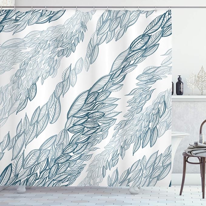 Ambesonne Modern Art Shower Curtain, Striped Floral Arrangement Windy Leaves on Branches Nature Image, Cloth Fabric Bathroom Decor Set with Hooks, 69" W x 84" L, Blue White
