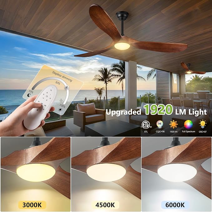 Haipeel 60 Inch Outdoor Ceiling Fans with Lights, Solid Wood Propeller 3 Blades Ceiling Fans with Lights and Remote Control Outdoor Fan for Patios Indoor, High CFM ETL Listed, Dark Walnut
