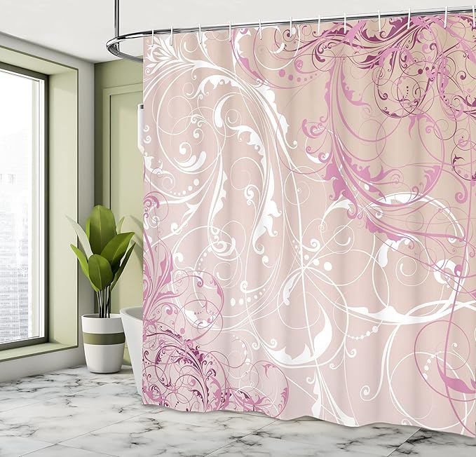Ambesonne Floral Shower Curtain, Baroque Swirl Branches Curved Flower Leaves Shabby Form Nature Pattern, Cloth Fabric Bathroom Decor Set with Hooks, 69" W x 84" L, Eggshell Pink