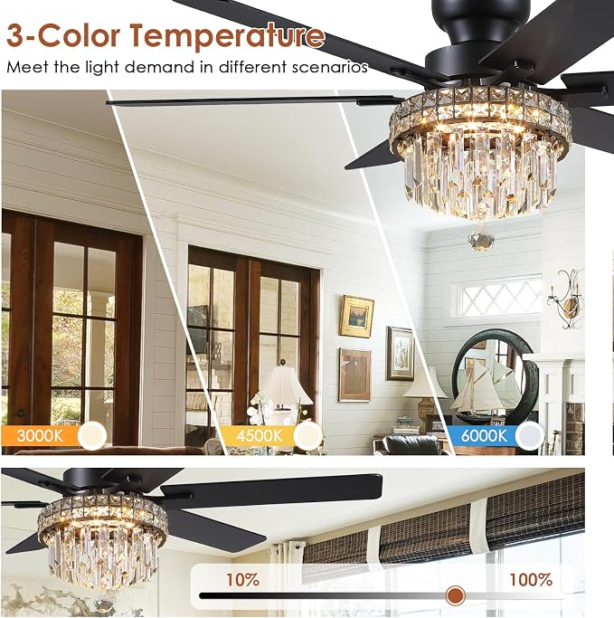 Asyko 52" Low Profile Crystal Ceiling Fans with LED Lights and Remote/APP | Supports Remote and APP,Reversible 6 Wind Speeds,30W Quiet DC Motor,6 Wood Blades,Dimmable 30W LED,Suits for Bedroom Kitchen