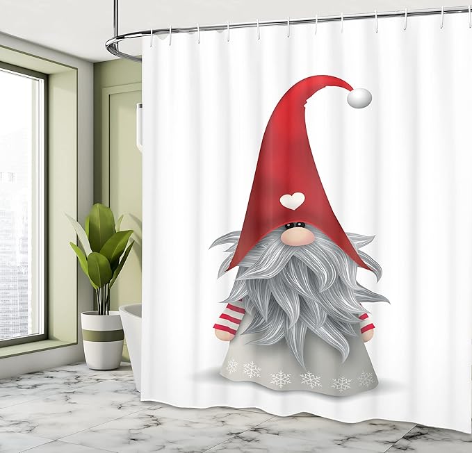 Ambesonne Gnome Shower Curtain, Nordic Tonttu Myth Finnish Creature Nisser Scandinavian Folklore Print, Cloth Fabric Bathroom Decor Set with Hooks, 69" W x 84" L, Ruby Pale Grey