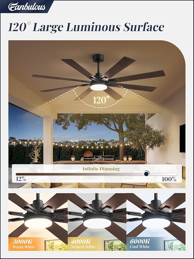 Fanbulous 65 Inch Ceiling Fan with Light and Remote, 6 Speeds Reversible DC Motor Ceiling Fans for Living Room Patio Garage, 3CCT Dimmable LED, 8 Wood Blades, Downrod Mount, Sloped Ceiling Compatible